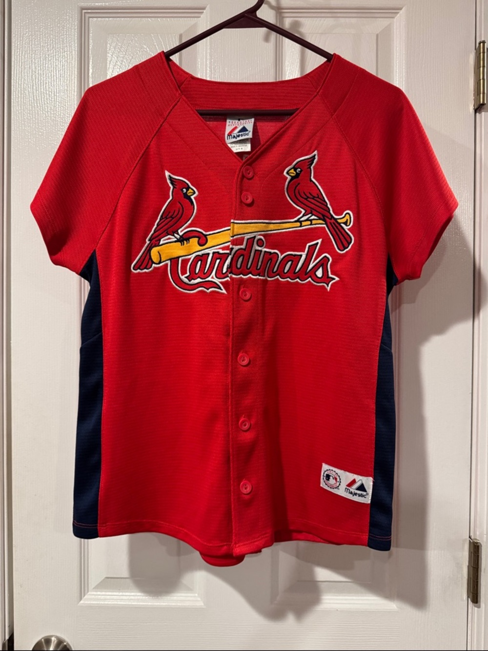 Majestic Red Cardinals Button-Up Baseball Jersey with Navy Panels